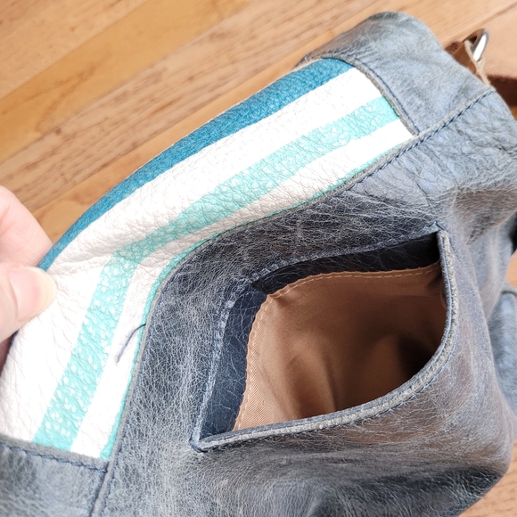 The Sak Blue Striped Distressed Leather Bag Crossbody Studded Zippered Flap - Picture 11 of 15